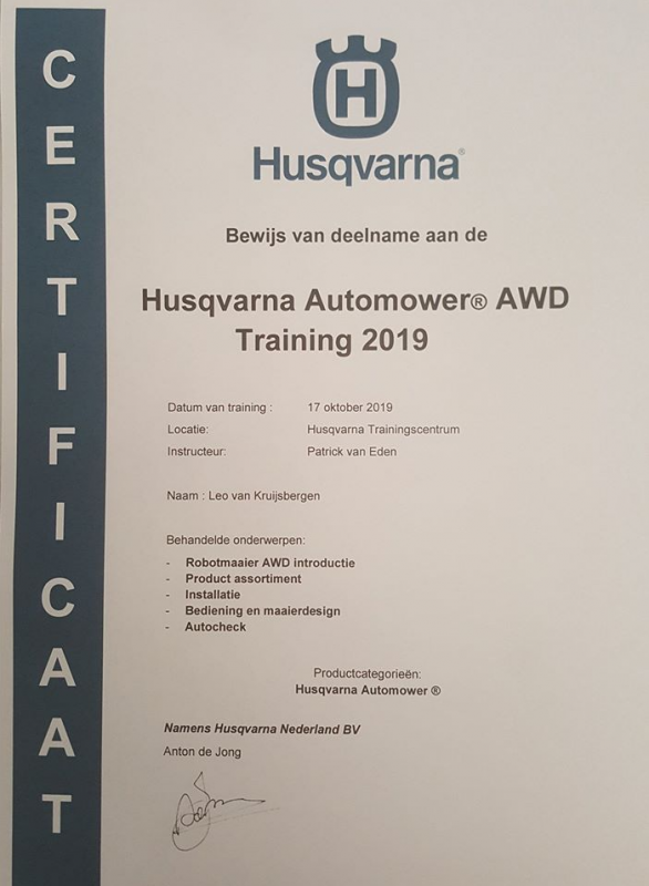 Certificaat Automower AWD Training
